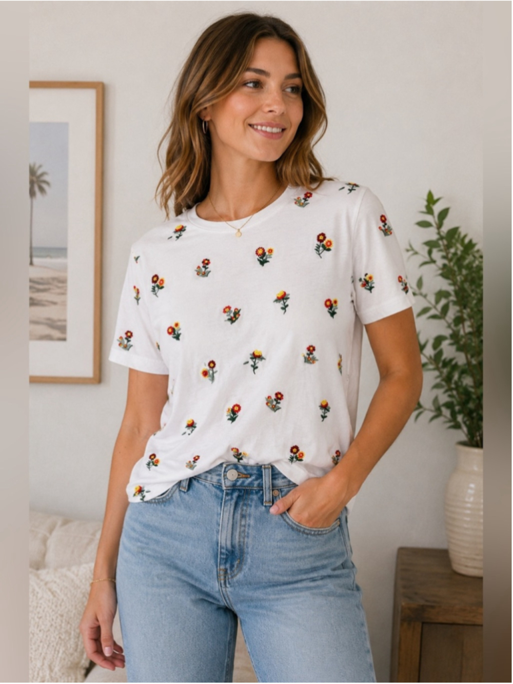 Icone Women's White Floral Embroidered Beaded Tee Size S Cottagecore Feminine